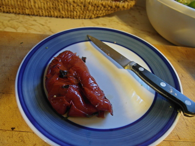 Slice the roasted red pepper